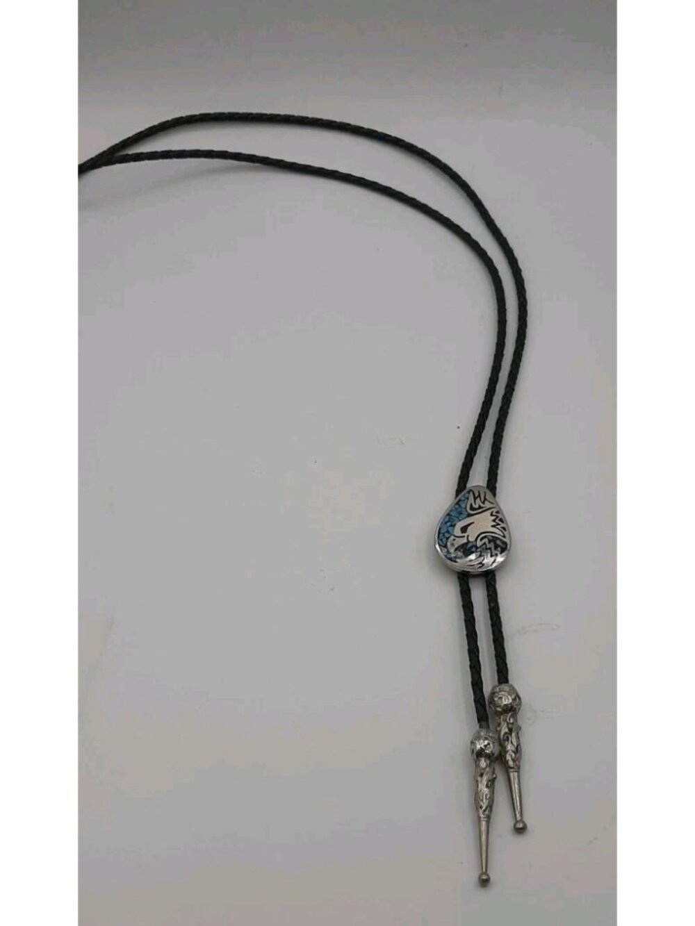 Vintage Hand Crafted Cowboy Bolo Tie USA Teardrop Silver Tone Leather Cord Eagle
